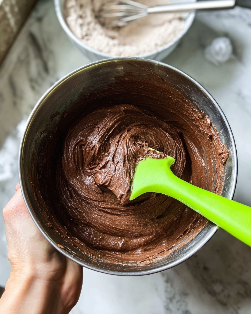 A woman's hand is holding a metal bowl filled with smooth, thick, dark brown chocolate batter. Inside the bowl, a bright green spatula rests, partially covered in the batter. The background shows a clear glass bowl with white flour and a spoon on a white marbled texture. photo taken with an iphone --ar 4:5 --v 7
