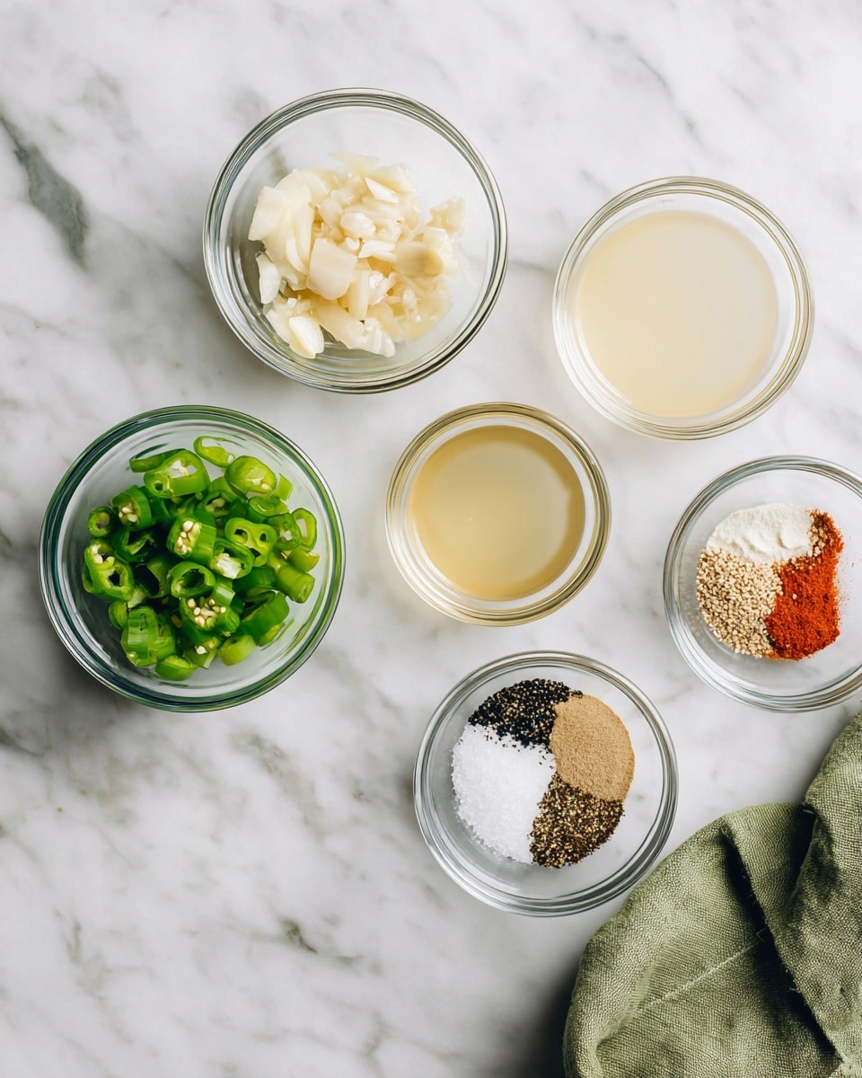 The image shows six small clear glass bowls arranged on a white marbled surface. One bowl contains light beige pieces resembling chopped garlic, another holds bright green chopped chili peppers, while three bowls contain clear or slightly tinted liquids in pale yellow, off-white, and very light green shades. The last bowl shows a mix of dry spices separated into four sections: white salt, black pepper, reddish paprika, and light brown ground spice. A green cloth napkin is placed near the right side of the image. photo taken with an iphone --ar 4:5 --v 7