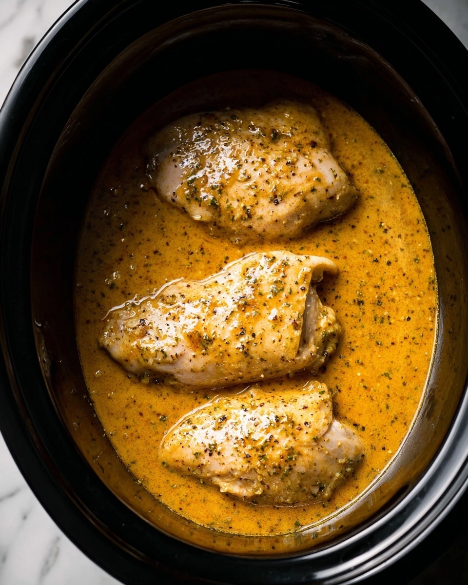 Three raw light pink chicken pieces lie side by side inside a black slow cooker. They are covered with a thick yellowish-orange sauce speckled with small bits of green herbs and black pepper. The sauce pools around the chicken, showing a smooth texture with a slightly oily shine. The slow cooker is set against a white marbled surface. photo taken with an iphone --ar 4:5 --v 7