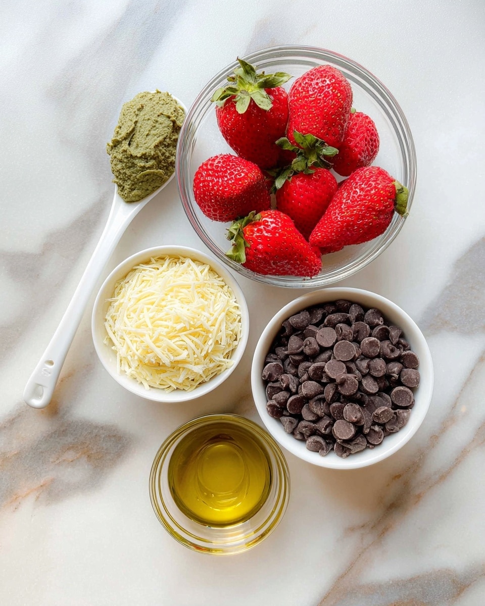 The image shows five small containers with ingredients placed on a white marbled surface. On the top right, a clear glass bowl holds bright red strawberries with green leaves showing a fresh texture. Below it, a white bowl is filled with dark brown chocolate chips, each with a smooth, slightly shiny surface. To the left of that, another white bowl contains thin, pale yellow shredded pieces that look light and wispy. A small clear glass bowl near the center holds a golden yellow liquid with a smooth texture. On the far left, a white spoon holds a dollop of green paste that appears creamy and thick. Photo taken with an iphone --ar 4:5 --v 7