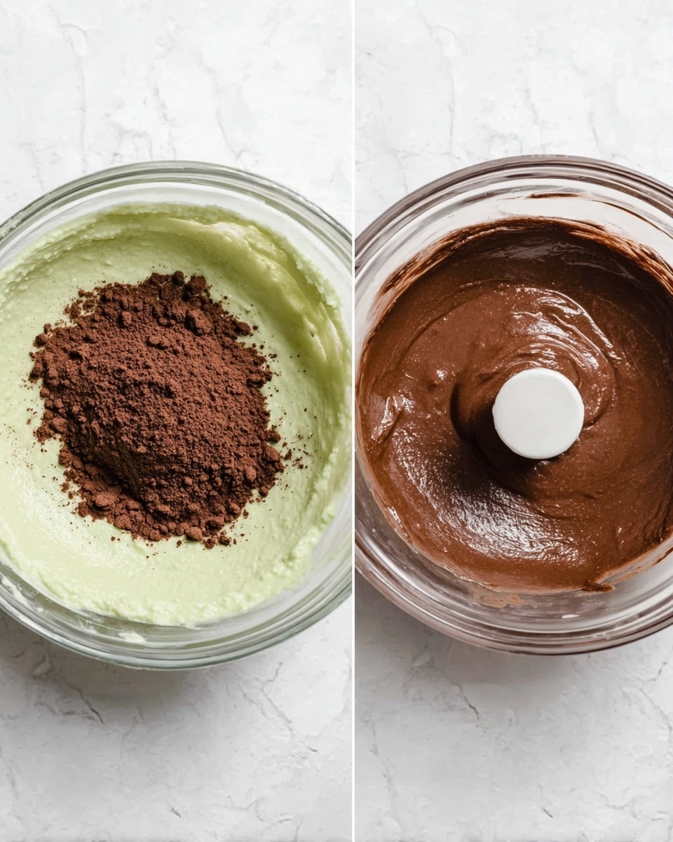 Two clear glass bowls are shown on a white marbled surface, each containing different mixtures. The left bowl has a thick pale green creamy base with two piles of dark brown powder on top, with a central white blade in the middle. The right bowl shows a smooth, rich dark brown chocolate mixture with the same white central blade, looking well mixed and shiny. photo taken with an iphone --ar 4:5 --v 7