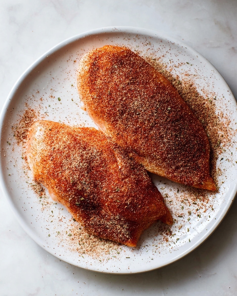 Two raw chicken pieces lie flat on a round white plate, covered evenly with a dry reddish-brown spice mix that creates a gritty texture on the chicken surface. The spices are sprinkled not only on the chicken but also scattered around the plate's edges, contrasting with the smooth white of the plate. The background features a white marbled texture. Photo taken with an iphone --ar 4:5 --v 7