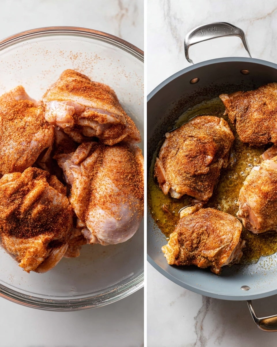 The image shows two scenes side by side on a white marbled surface. On the left, there is a clear glass bowl filled with four raw chicken pieces that are covered with a reddish-brown spice mix, giving the chicken a textured and slightly powdery look. On the right, four chicken pieces with the same spice mix are placed in a gray pan with two silver handles, cooking in some oil, which creates a shiny, oily texture around the chicken. The chicken pieces are browned slightly on some edges, showing the start of cooking. Photo taken with an iphone --ar 4:5 --v 7