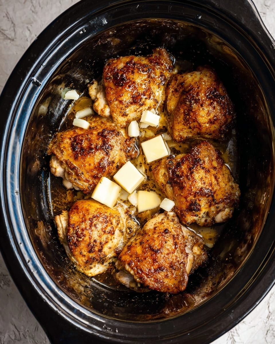 Inside a black slow cooker pot, there are five pieces of golden-brown cooked chicken thighs with a slightly crispy texture on top. Small white pieces of chopped garlic are scattered over the chicken. Underneath and around the chicken, there are several small cubes of pale yellow butter close to the edges of the pot. The background surface is a white marbled texture. photo taken with an iphone --ar 4:5 --v 7