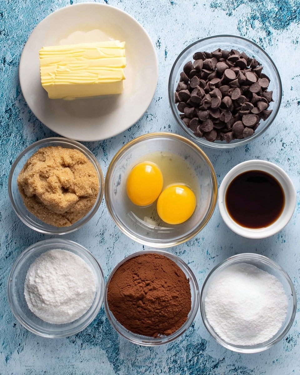 The image shows eight different ingredients for baking, each in a separate clear or white bowl, all placed on a white marbled surface. In the top left, there is a stick of unsalted butter unwrapped on a white plate, pale yellow and smooth. Below it, a clear bowl holds two raw eggs with bright yellow yolks and clear whites. To the right of the eggs, a bowl is full of dark brown chocolate chips with a shiny texture. Above the chocolate chips, there is a bowl of brown sugar, clumped and light brown in color. Next to the brown sugar, a small white bowl contains dark brown vanilla liquid. To the right of the vanilla, another white bowl holds a mound of rich brown cocoa powder. Below the vanilla and cocoa powder, a clear bowl is filled with white granulated sugar that looks fine and granular. The background is a textured blue surface with some marks, but the bowls and ingredients stand out clearly. photo taken with an iphone --ar 4:5 --v 7