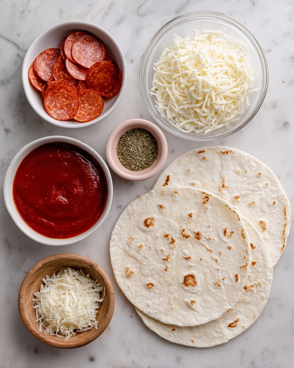 The image shows ingredients for a simple pizza made with tortillas. There are two white tortillas stacked on the right side, smooth with light brown spots. Above and beside them, small white bowls hold different toppings: red pepperoni slices in one bowl, bright red pizza sauce in another, shredded mozzarella cheese in a clear glass bowl with soft white strands, and grated parmesan cheese in a wooden bowl with a rough texture. A small pink bowl contains dried oregano with a coarse green texture. All items are arranged on a white marbled surface. photo taken with an iphone --ar 4:5 --v 7