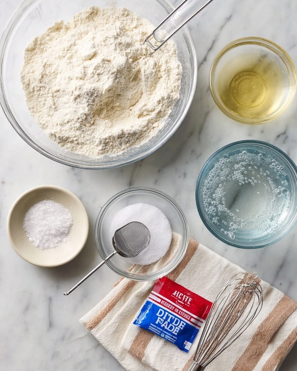 The image shows several baking ingredients arranged on a white marbled surface. At the center top, there is a large clear glass bowl filled with white flour and a metal measuring cup resting inside it. Below the bowl, a small clear glass bowl holds granulated white sugar with a metal measuring spoon resting on top. To the right of the sugar, a small red, white, and blue packet labeled