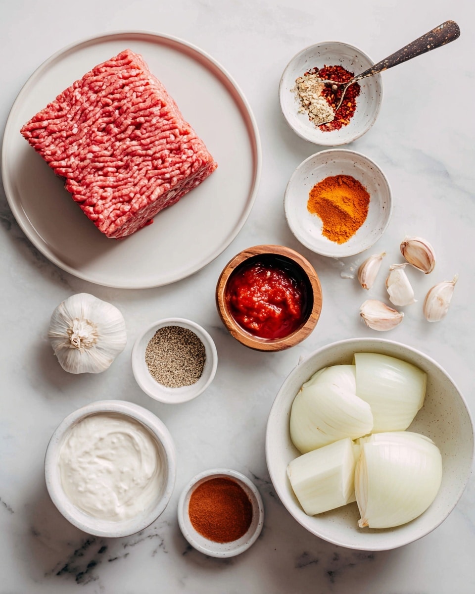 The image shows a flat lay of cooking ingredients on a white marbled surface. On the left, there is a white plate with a large rectangular block of pink ground beef. Nearby, there are small white bowls and containers: one with red pepper flakes, another with orange paprika, a small wooden bowl holding salt and pepper, a white cup with cumin, a white cup with two peeled garlic cloves, and a white ramekin with red tomato paste. On the right, a white bowl holds four large pieces of peeled onion, and next to it is a white bowl containing smooth, thick white Greek yogurt. The arrangement is neat and spaced out. Photo taken with an iphone --ar 4:5 --v 7