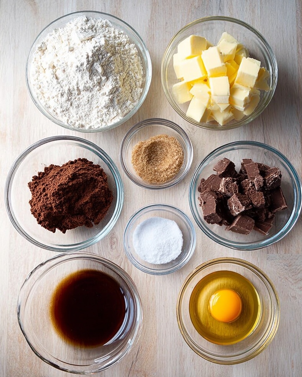 The image shows seven small clear glass bowls placed on a light wood table with a white marbled texture added. Each bowl contains a separate baking ingredient: one bowl has off-white flour with a powdery texture, the next bowl holds soft yellow butter cubes, another bowl contains dark brown cocoa powder with some clumps, one has light to medium brown packed brown sugar with a rough texture, a small bowl contains coarse white salt grains, another small bowl has a raw egg with bright yellow yolk in clear egg white, and finally one bowl holds a dark amber liquid, likely vanilla extract. All bowls are neatly arranged in a loose cluster with no woman's hand visible. photo taken with an iphone --ar 4:5 --v 7