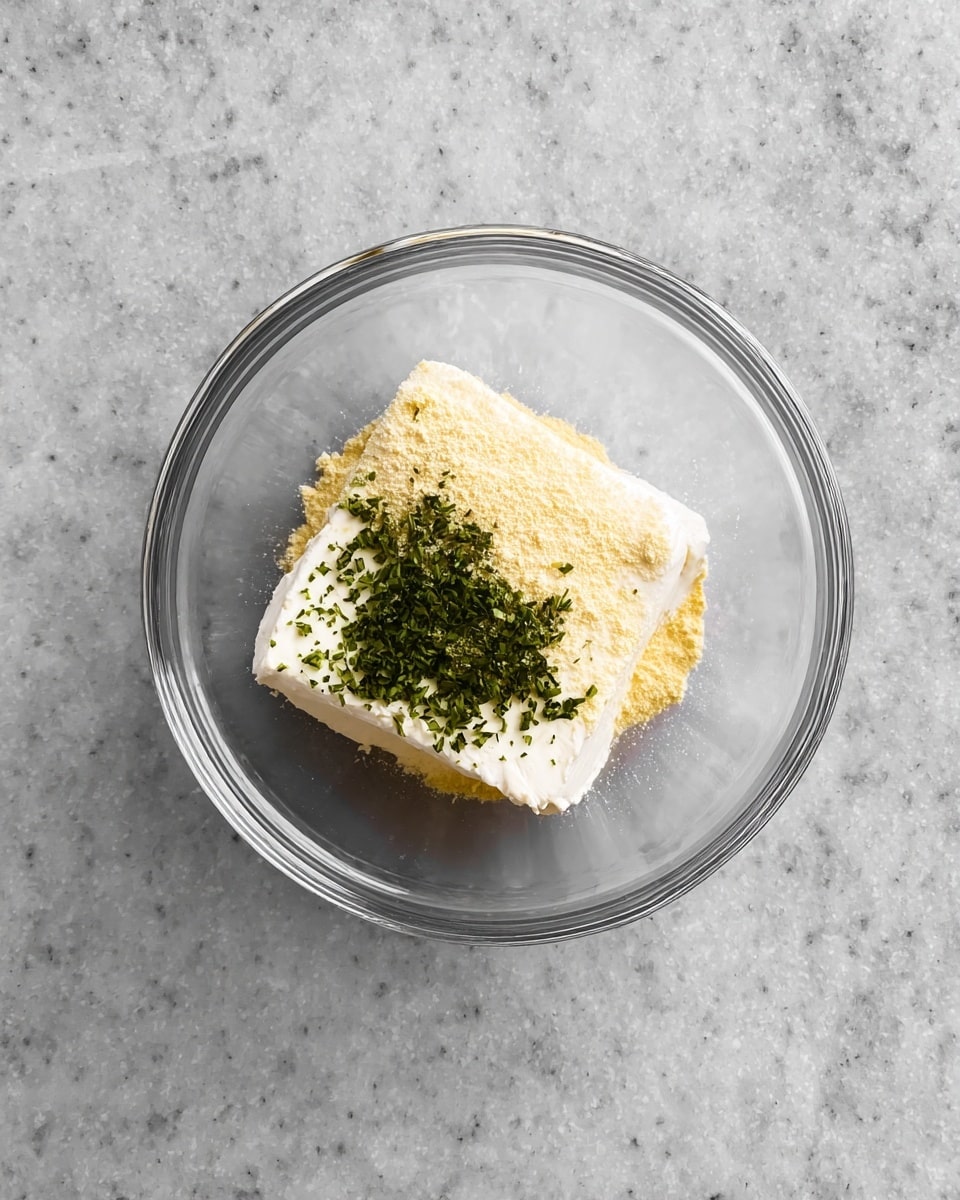 A clear glass bowl sits on a white marbled surface, containing one thick square layer of soft white cream cheese. On top of the cream cheese, there are two different powders sprinkled: a fine, pale yellow powder covering about half of the surface, and a small pile of finely chopped green herbs placed near one edge. The clear bowl shows all the ingredients clearly from above, with no other layers visible. photo taken with an iphone --ar 4:5 --v 7