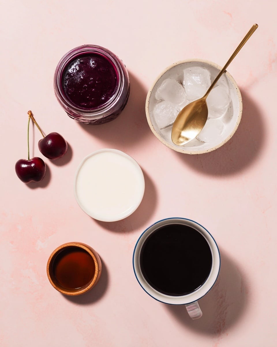 The image shows five containers arranged on a smooth pink surface with two dark red cherries placed near the bottom left. At the top left, there is a clear glass jar with a thick dark purple liquid inside. On the top right, there is a white bowl holding ice cubes with a large shiny golden spoon resting inside it. In the center, a small white round dish contains a white creamy liquid. Near the bottom center, a small wooden container holds a dark brown liquid. Lastly, on the bottom right, a white ceramic cup with a thin blue rim is filled with a black liquid. photo taken with an iphone --ar 4:5 --v 7