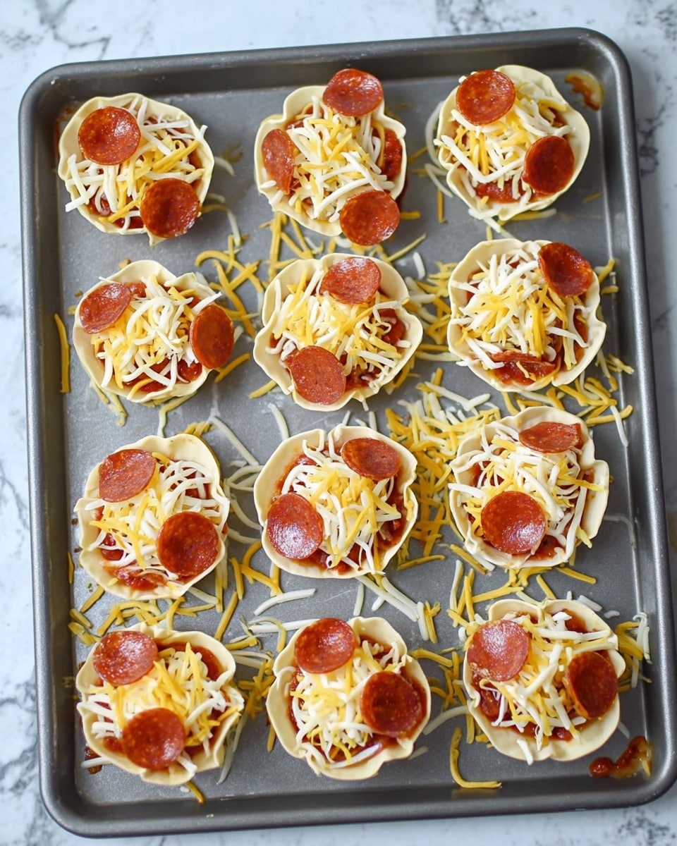 The image shows a baking tray with twelve small pizza cups arranged in three uneven rows. Each pizza cup has three visible layers: the bottom layer is a light, folded dough cup with wavy edges, the middle layer is a thin spread of red tomato sauce, and the top layer is a mix of shredded yellow and white cheese scattered unevenly. On top of each cheese layer, there are several small round slices of pepperoni, evenly spaced. The baking tray rests on a white marbled surface. photo taken with an iphone --ar 4:5 --v 7