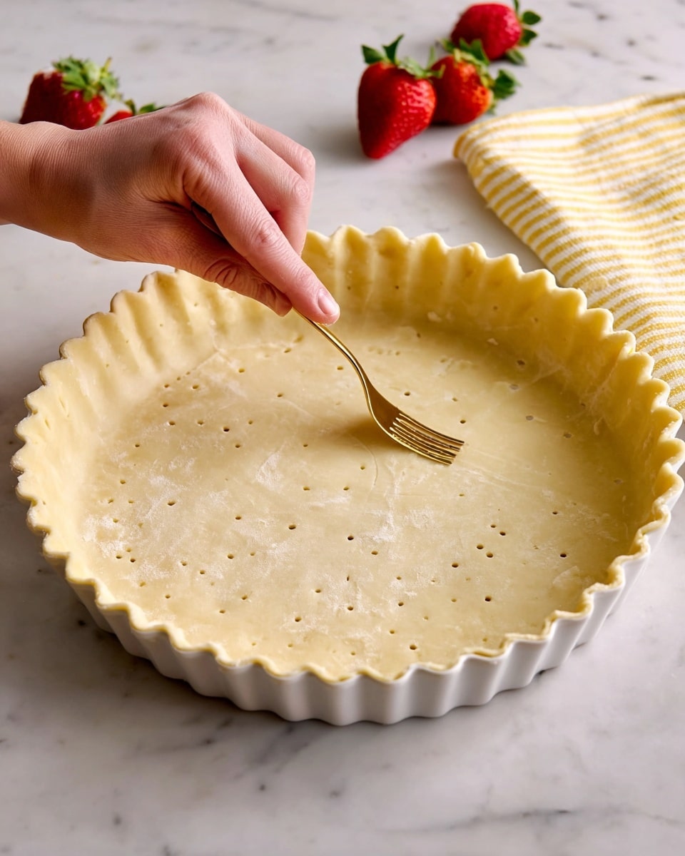 A white fluted tart pan holds an unbaked dough crust, light beige in color with a slightly uneven surface texture. The dough is pressed into the pan with scalloped edges, which are crimped slightly irregularly. Small holes are poked evenly across the base and sides of the dough to prevent bubbling. A woman's hand is seen in the top right corner holding a small gold fork, pressing its tines into the dough near the pan’s edge. The pan rests on a white marbled surface with a few fresh red strawberries and a yellow-striped cloth napkin partly visible in the background. Photo taken with an iphone --ar 4:5 --v 7