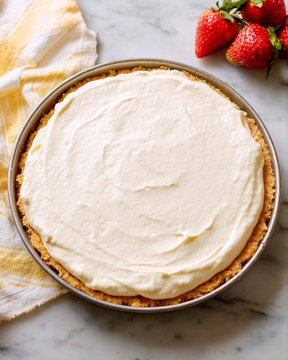 A round tart with a golden-brown crust in a metal tart pan, filled with one thick layer of smooth, creamy white filling spread evenly across the top. The surface of the filling has soft, swirled textures. In the background, there are a few fresh red strawberries and a white and yellow striped cloth on a white marbled surface. Photo taken with an iphone --ar 4:5 --v 7
