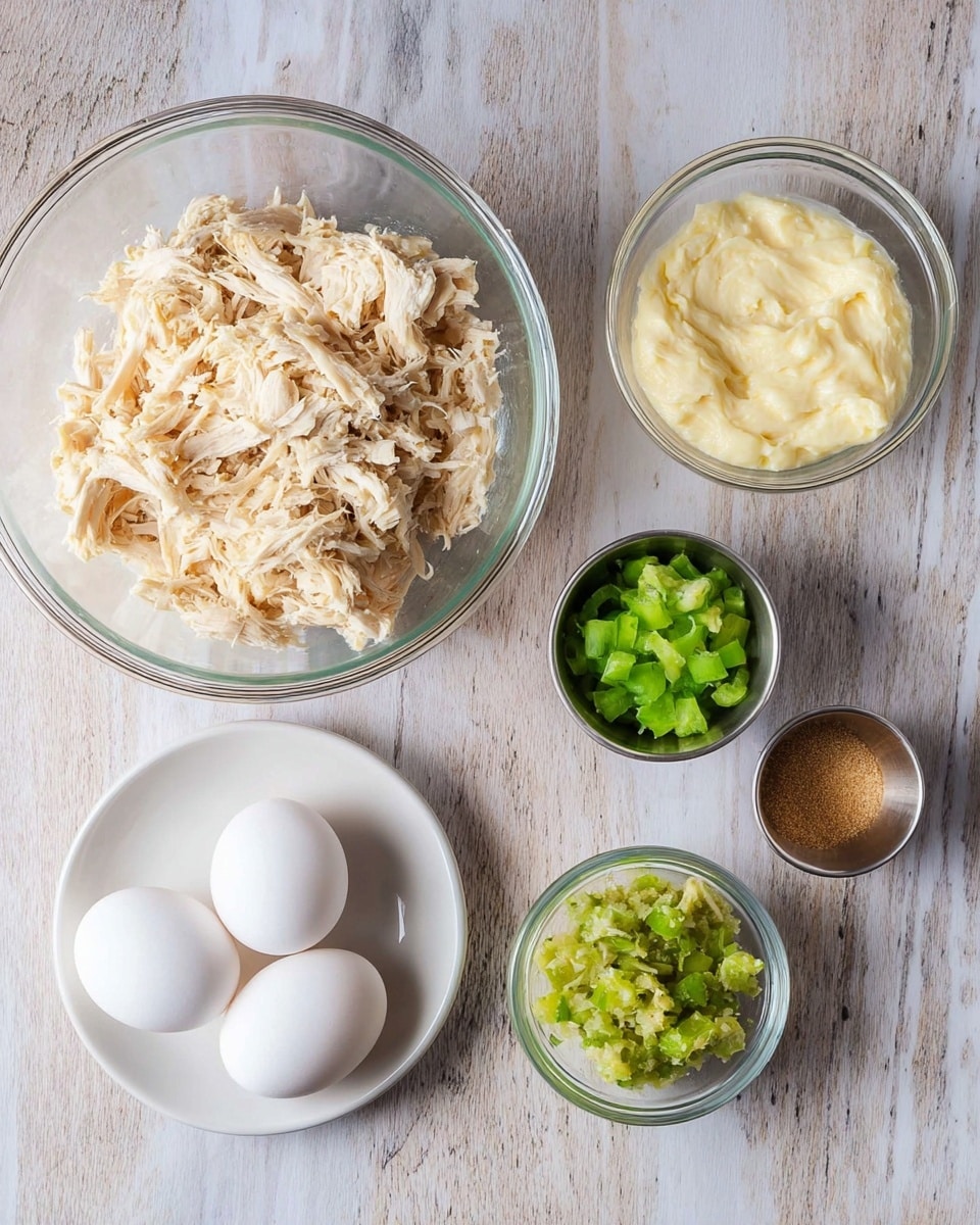 The image shows six small ingredients organized on a white marbled surface. There is a large clear glass bowl on the left filled with shredded light beige chicken. Next to it, on the right, is a medium clear glass bowl with a creamy pale yellow mixture. Below this bowl, there is a small white plate holding two whole white eggs. To the right of the eggs are three small metal cups arranged vertically: the top one has tan-colored powder, the middle one is filled with bright green chopped celery, and the bottom one contains green relish with small chunks. photo taken with an iphone --ar 4:5 --v 7