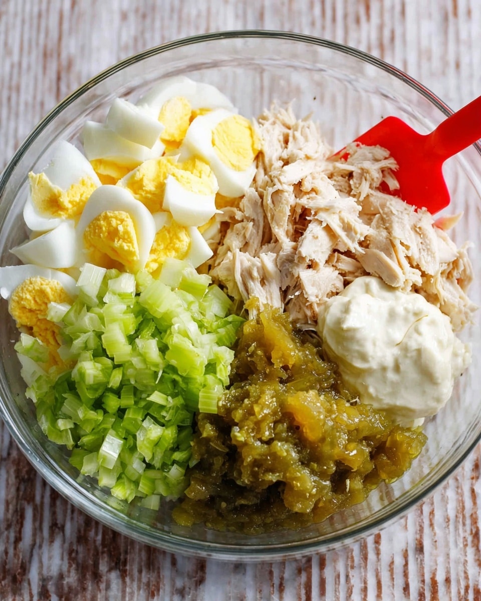 A clear glass bowl sits on a white marbled surface, containing five separate layers of ingredients waiting to be mixed. On the left is a layer of diced hard-boiled eggs showing white and yellow pieces, next to a heap of bright green chopped celery in the center. To the right, there is light brown shredded chicken. Above the celery is a dollop of creamy white mayonnaise, and at the bottom right sits a shiny, chunky layer of green relish. A red spatula rests inside the bowl, touching the mayonnaise. photo taken with an iphone --ar 4:5 --v 7