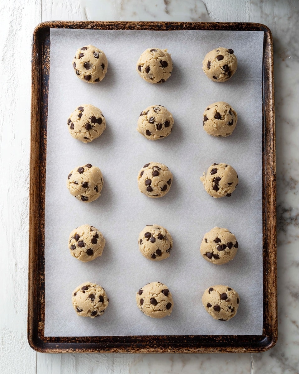 There are 16 round cookie dough balls placed in four rows on a baking sheet lined with white parchment paper. Each cookie dough ball is beige in color with several dark chocolate chips embedded on the top, creating small dark spots. The dough balls look slightly rough in texture and are evenly spaced apart. The baking sheet has a rustic, dark brown edge visible against a white marbled surface beneath it. The photo is taken from above, showing the neat arrangement of the unbaked cookies. photo taken with an iphone --ar 4:5 --v 7