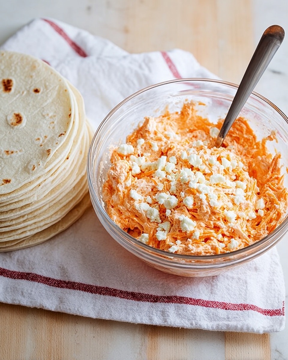 A clear glass bowl filled with an orange creamy mix that has shredded texture and is topped with small white crumbly pieces, with a metal spoon resting inside the bowl on the right side. To the left of the bowl, a stack of soft white tortillas lies flat on a folded white cloth with red stripes on a white marbled surface. Photo taken with an iphone --ar 4:5 --v 7