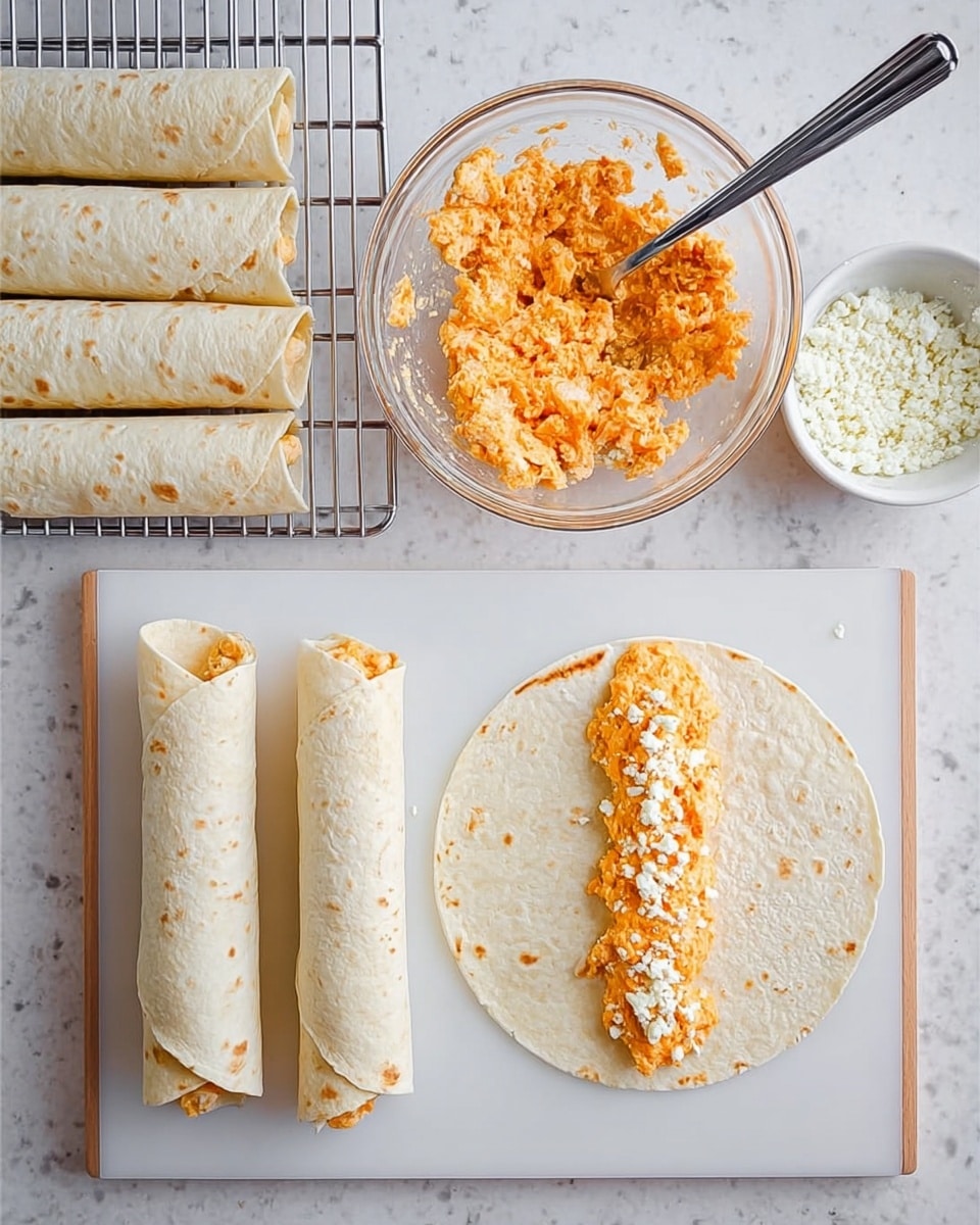 The image shows a cooking scene with two flour tortillas laid flat on a white cutting board on a white marbled surface. On the right tortilla, there is a layer of orange mixed filling placed along the lower half, with small white crumbly bits sprinkled on top. Above the cutting board, a clear glass bowl contains more of the orange filling with a metal fork resting inside. To the right of the bowl, a small white bowl holds more white crumbly bits. On the left side, there is a cooling rack with four rolled tortillas standing upright in two rows, showing the filled wraps ready to serve. Photo taken with an iphone --ar 4:5 --v 7