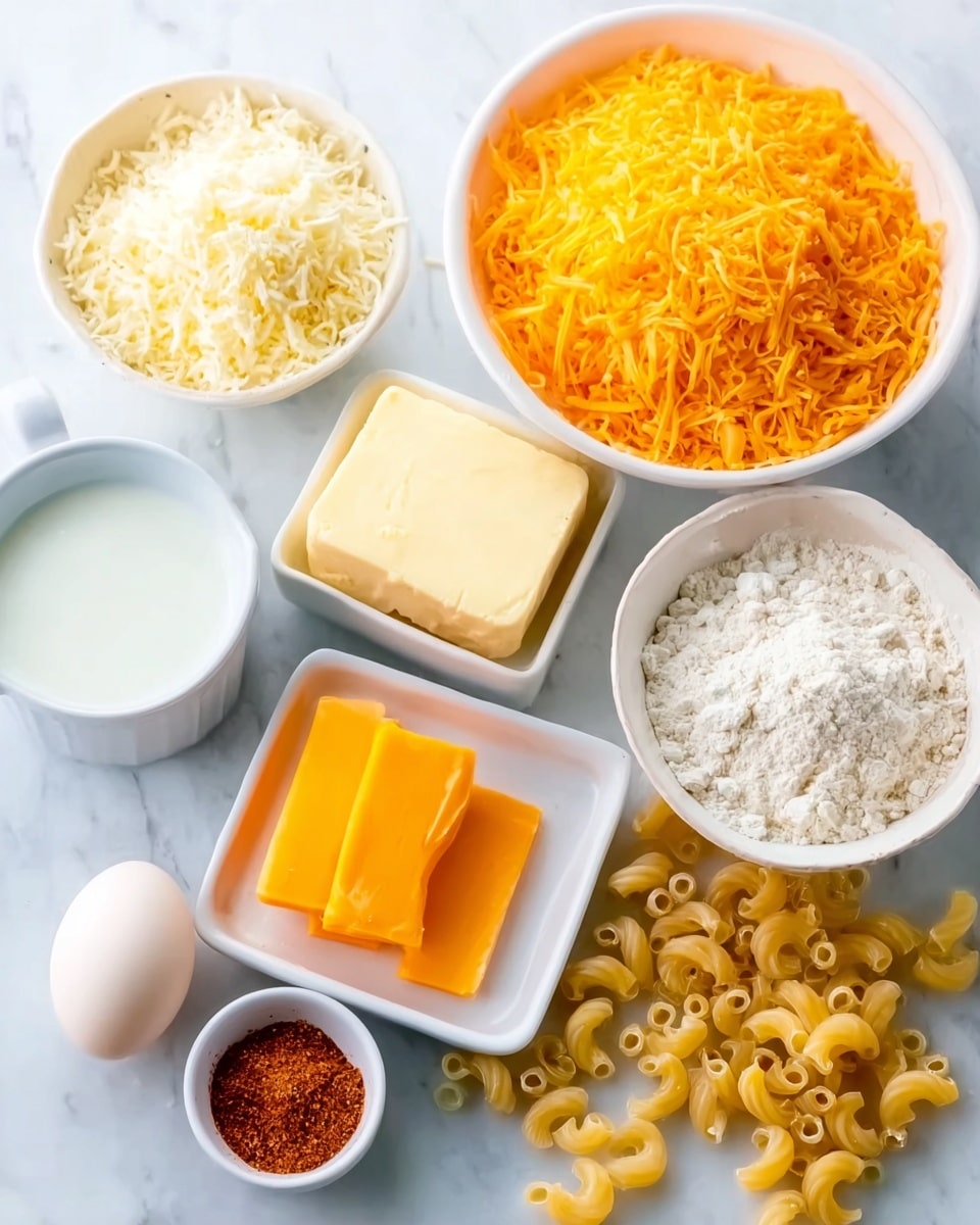The image shows several white bowls and a white square dish placed on a white marbled surface. There is a large bowl filled with bright orange shredded cheese in the top right, and next to it on the left is a smaller bowl with shredded white cheese. Below them, there are two more bowls, one with flour and the other with milk. A white dish with three slices of orange cheese is on the bottom left, next to a stick of butter on a small white dish and a white egg beside it. There is also a small white bowl holding a reddish-brown spice. Scattered around the base of the dishes are uncooked elbow macaroni pasta pieces. Photo taken with an iphone --ar 4:5 --v 7