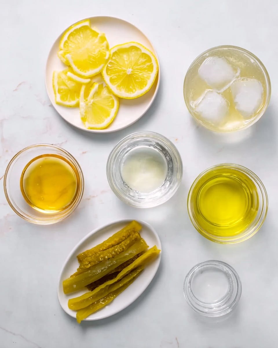 The image shows six small clear bowls arranged on a white marbled surface. One white plate holds five thin, round lemon slices, bright yellow with visible seeds and texture. Another small white plate contains several long, thick pickled yellow pepper strips with a shiny surface. The remaining bowls hold different liquids and ice: one bowl contains clear ice cubes, another has a pale yellow liquid, another holds a golden honey-like liquid, another has bright yellow oil, and the center bowl has clear water. The colors range from bright yellow to clear white, and all containers are glass except the white plates. Photo taken with an iphone --ar 4:5 --v 7