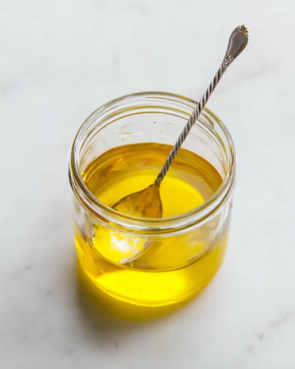 A clear glass jar with a golden yellow liquid inside, sitting on a white marbled surface. A twisted silver spoon is placed inside the jar, with its handle resting on the jar's edge, and the liquid shows a smooth texture with slight reflections from the light. The jar is open, without a lid, and the scene is simple with no other objects around. photo taken with an iphone --ar 4:5 --v 7