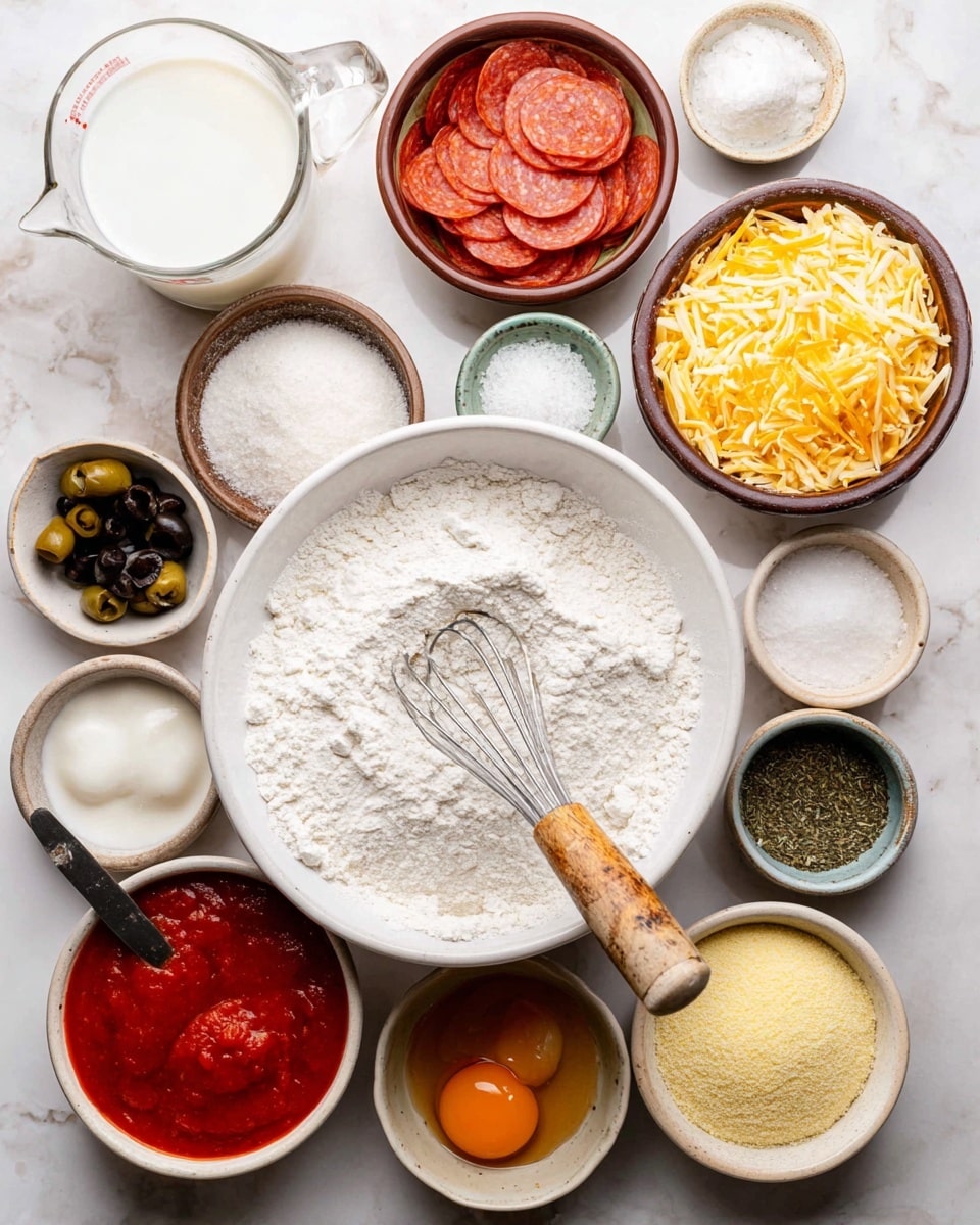 The image shows many small bowls arranged on a white marbled surface, each holding different ingredients for cooking. In the center is a large white bowl filled with white flour, holding a metal whisk with a wooden handle rusted on the bottom. To its right is a brown bowl filled with shredded yellow cheese, and above that a brown bowl with two raw eggs in clear liquid. On the top left sits a brown bowl full of thin, sliced red pepperoni, beside two small bowls of powdery white seasoning. Below the flour bowl is a white bowl with a yellow, grainy powder, and next to it a small beige bowl of salt. To the bottom right is a white bowl holding bright red tomato sauce. On the left side, a clear measuring cup is filled with milk, and nearby a small white bowl holds sliced black olives. Another tiny beige bowl with dry green oregano and a spoon is next to the salt bowl. The scene is brightly lit and arranged neatly, with all bowls showing clear textures and vivid colors. photo taken with an iphone --ar 4:5 --v 7