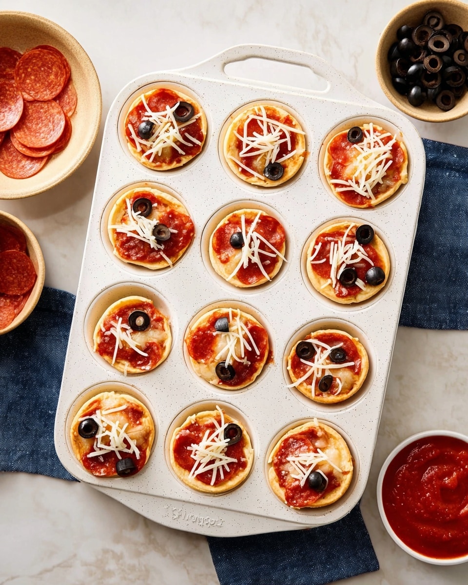 The image shows a white speckled muffin tray filled with 12 mini pizza bites. Each mini pizza has a light beige dough base topped with red tomato sauce, a slice of reddish-brown pepperoni, several black olive slices, and thin white shredded cheese scattered on top. The tray is placed on a white marbled surface. To the left of the tray, there is a beige bowl with extra pepperoni slices and a small bowl with black olive slices. On the right edge of the image, there is a white bowl with red tomato sauce and a blue cloth napkin nearby. Photo taken with an iphone --ar 4:5 --v 7