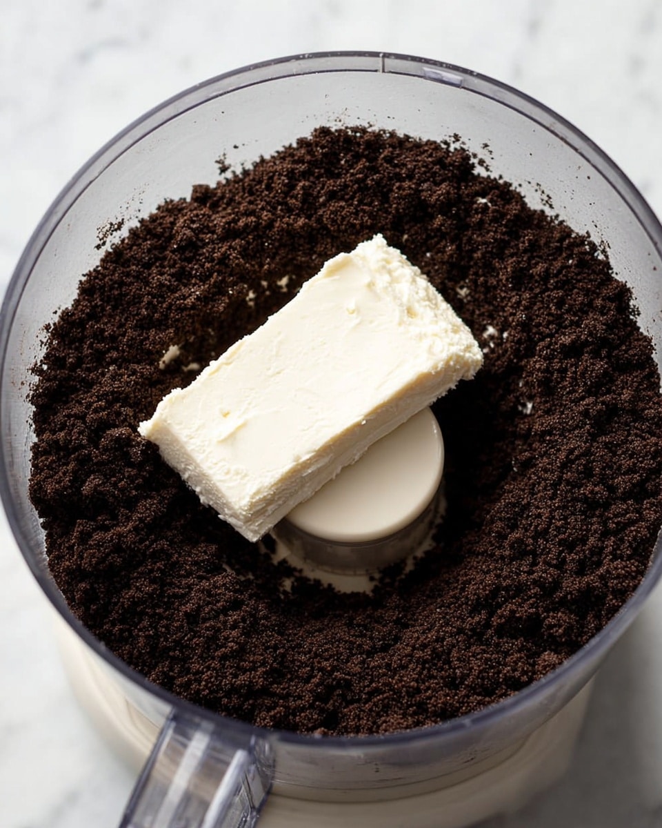 The image shows a clear food processor bowl filled with a dark brown, crumbly layer of crushed cookies around the sides and bottom. On top of this layer, a large, smooth, white block of cream cheese is placed unevenly, contrasting with the dark crumbs. The food processor sits on a white surface with a white marbled texture visible in the background. photo taken with an iphone --ar 4:5 --v 7