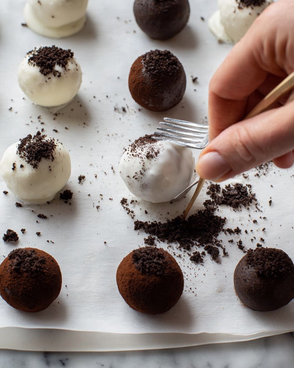 The image shows dark brown round balls on the right side and white round balls on the left side, with some white balls topped with crushed dark crumbs. A woman's hand is holding a fork and toothpick, dipping a dark ball into white coating and placing it on the white marbled surface with parchment paper. The white coating is smooth and shiny, covering the dark balls completely or partly, while the dark balls have a smooth matte texture. Some crushed crumbs lie around the white balls. photo taken with an iphone --ar 4:5 --v 7