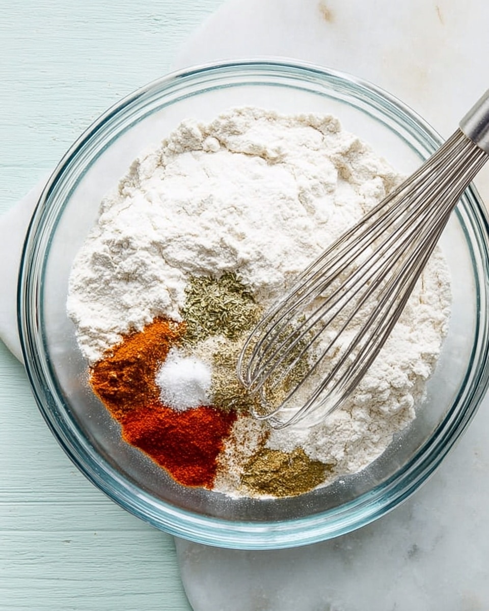 In a clear glass bowl on a white marbled surface, there is a mix of white flour and several spices placed on top in distinct small heaps. The flour forms a large, soft white base layer. On the right side, there are layers of fine black pepper, bright orange-red paprika, and a few shades of green and brown dried herbs, all in powder form. A silver metal whisk rests on top, partially touching the flour and spices, with its wires spread out. Photo taken with an iphone --ar 4:5 --v 7