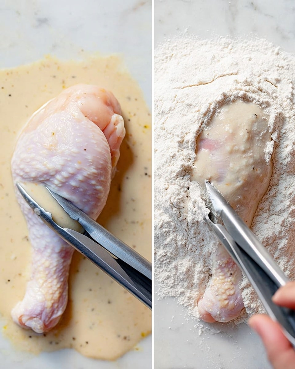 The image shows two side-by-side close-up views of preparing a chicken leg. On the left side, a pale pink chicken leg with skin is held with silver tongs and dipped into a creamy beige batter with small specks. On the right side, the same chicken leg is held with silver tongs over a white pile of flour, with a woman's hand visible holding the tongs. The background surface is a white marbled texture. The light is soft, showing the textures of the raw chicken, batter, and flour clearly, with a clean and simple presentation. photo taken with an iphone --ar 4:5 --v 7