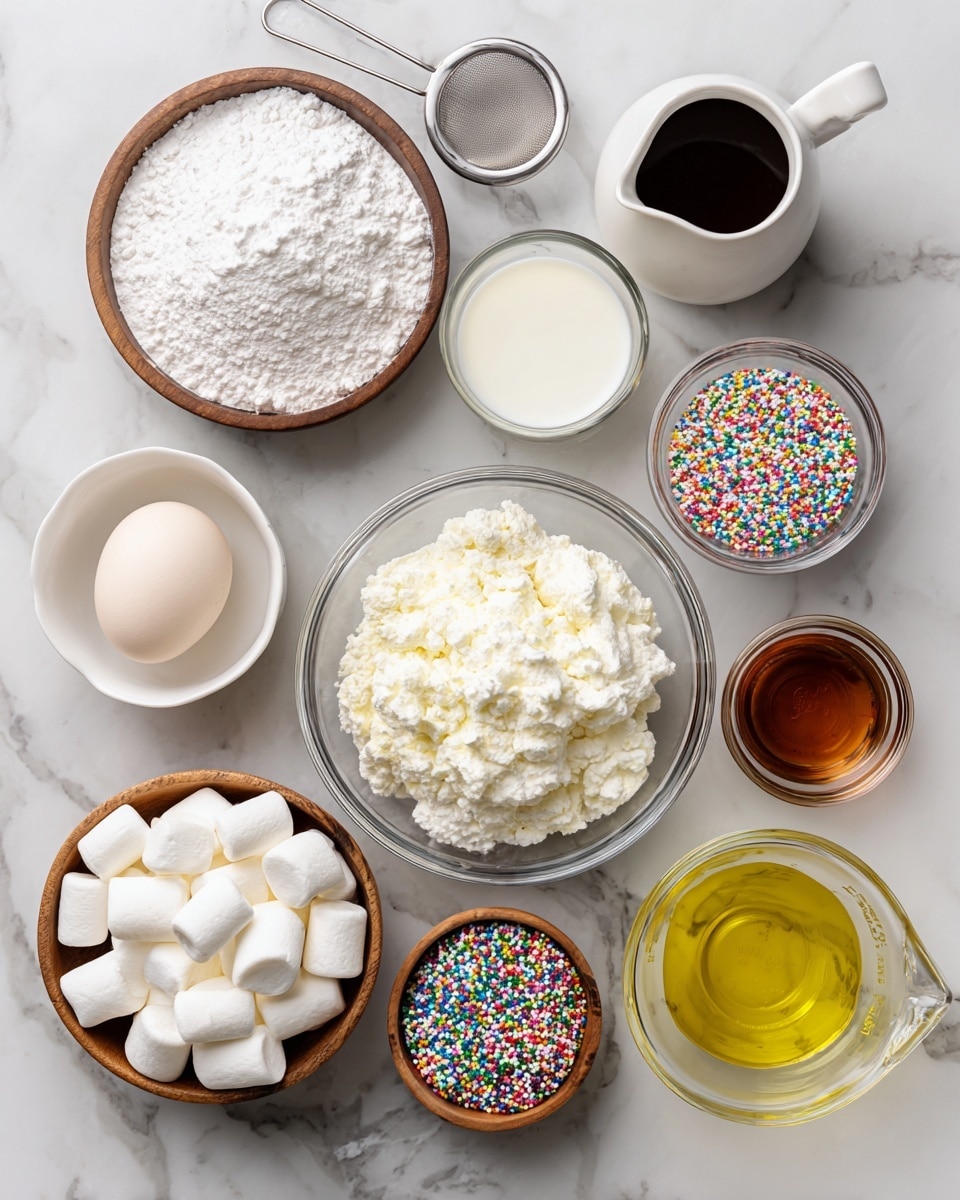 The image shows various ingredients placed neatly on a white marbled surface, each in its own container. At the top left is a round wooden bowl filled with white powdered sugar and a metal sifter on top. Next to it, a small white pitcher holds dark chocolate sauce. To the right, a white bowl has fluffy white whipped cream. Below the powdered sugar, there's a small clear glass cup with white milk. In the middle of the image, a clear glass bowl is filled with white buttermilk pancake mix. To its left, a small wooden bowl holds a single white egg. Below the egg, another round wooden bowl contains large white marshmallows. On the top middle, a clear bowl is filled with colorful rainbow sprinkles. On the right side, a small white bowl contains light brown vanilla extract. Finally, at the bottom right, a clear glass measuring cup is filled with yellow canola oil. The arrangement is clean and bright. photo taken with an iphone --ar 4:5 --v 7