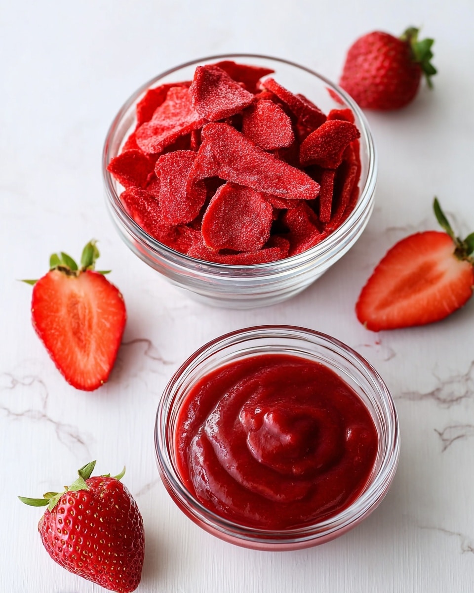 The image shows two clear glass bowls on a white marbled surface. The top bowl is filled with bright red, rough-textured, dried strawberry slices piled high. The bottom bowl holds a smooth, thick, deep red strawberry sauce with a shiny surface and small ridges. Around the bowls, there are three fresh strawberries, one whole at the top, one vertically sliced in half showing its juicy red inside with green leaves, and another whole strawberry lying sideways near the bottom left. photo taken with an iphone --ar 4:5 --v 7