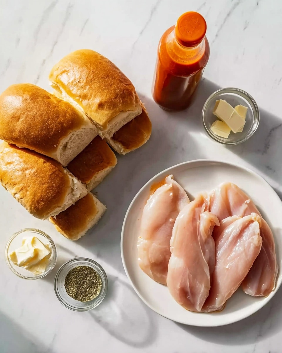 The image shows five golden brown sandwich rolls stacked on the left side over a white marbled surface. On the right, there is a white round plate holding three raw chicken fillets, light pink in color and slightly glossy. Above the plate, there is a vertical clear bottle filled with an orange-red sauce with an orange cap. Near the top center, there are two small round glass bowls, one with two small butter pieces and the other with a green powder seasoning. The overall arrangement is neat with soft natural light. photo taken with an iphone --ar 4:5 --v 7