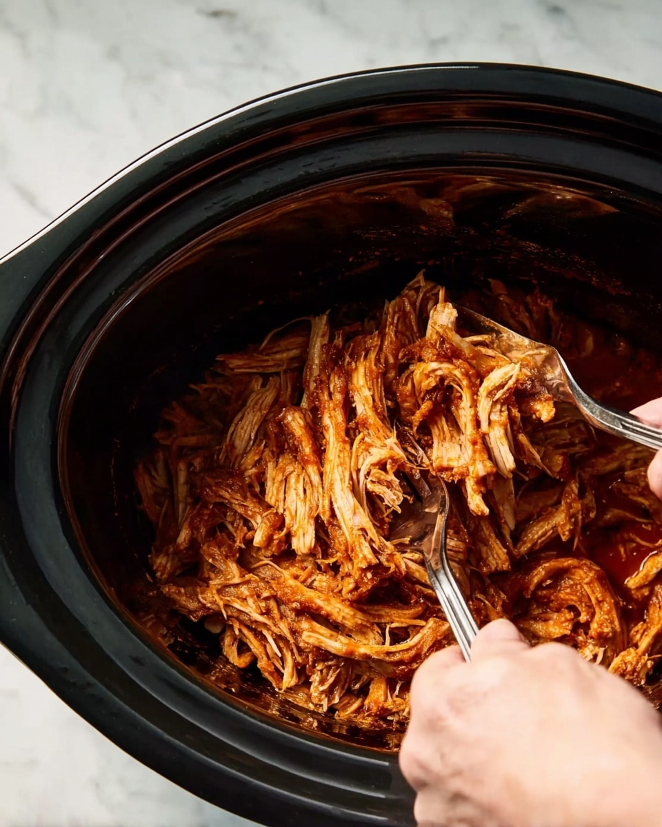 A close-up view of shredded cooked meat with a reddish sauce inside a black slow cooker pot, sitting on a white marbled surface. A woman's hand is holding two forks, pulling apart the meat inside the pot. The texture of the meat is moist and slightly stringy, mixed evenly with the sauce, showing a mix of light and darker reddish-brown colors. The photo is focused on the meat and the woman's hand, with some steam rising slightly. photo taken with an iphone --ar 4:5 --v 7