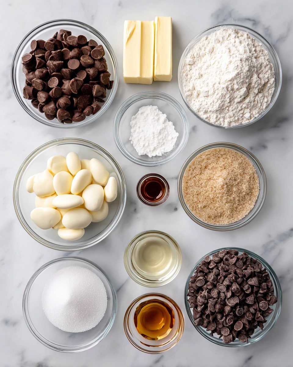 The image shows nine clear glass bowls and sticks of butter arranged on a white marbled surface. Starting from the top left, there is a bowl full of round, dark brown melting chocolate pieces. To the right are two sticks of pale yellow butter placed side by side. Next, moving right, there is a large bowl filled with white all-purpose flour that has a soft, powdery texture. Below the chocolate, a smaller bowl holds oval-shaped white melting chocolate pieces. Centered beneath the butter are three small bowls with clear liquids and powders: vanilla extract in amber color, water clear and shiny, and salt, pure white. Beneath these is a medium bowl filled with fine white sugar. To the right of the sugar, a larger bowl contains light brown sugar that looks soft and crumbly. Finally, at the bottom right, a bowl is filled with small, dark brown mini chocolate chips. All bowls are on the white marbled surface, spaced evenly and neatly arranged, photo taken with an iphone --ar 4:5 --v 7