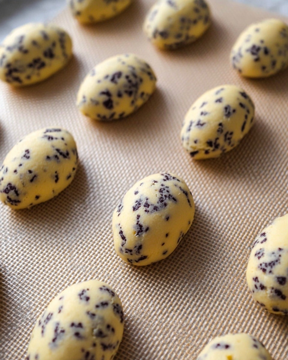 The image shows several small, oval-shaped cookie dough pieces placed evenly on a baking sheet. Each piece is pale yellow with many small dark chocolate chips mixed throughout, giving a spotted look. The dough pieces have a smooth texture and are arranged in rows on a light tan silicone baking mat. The background is a white marbled texture. photo taken with an iphone --ar 4:5 --v 7