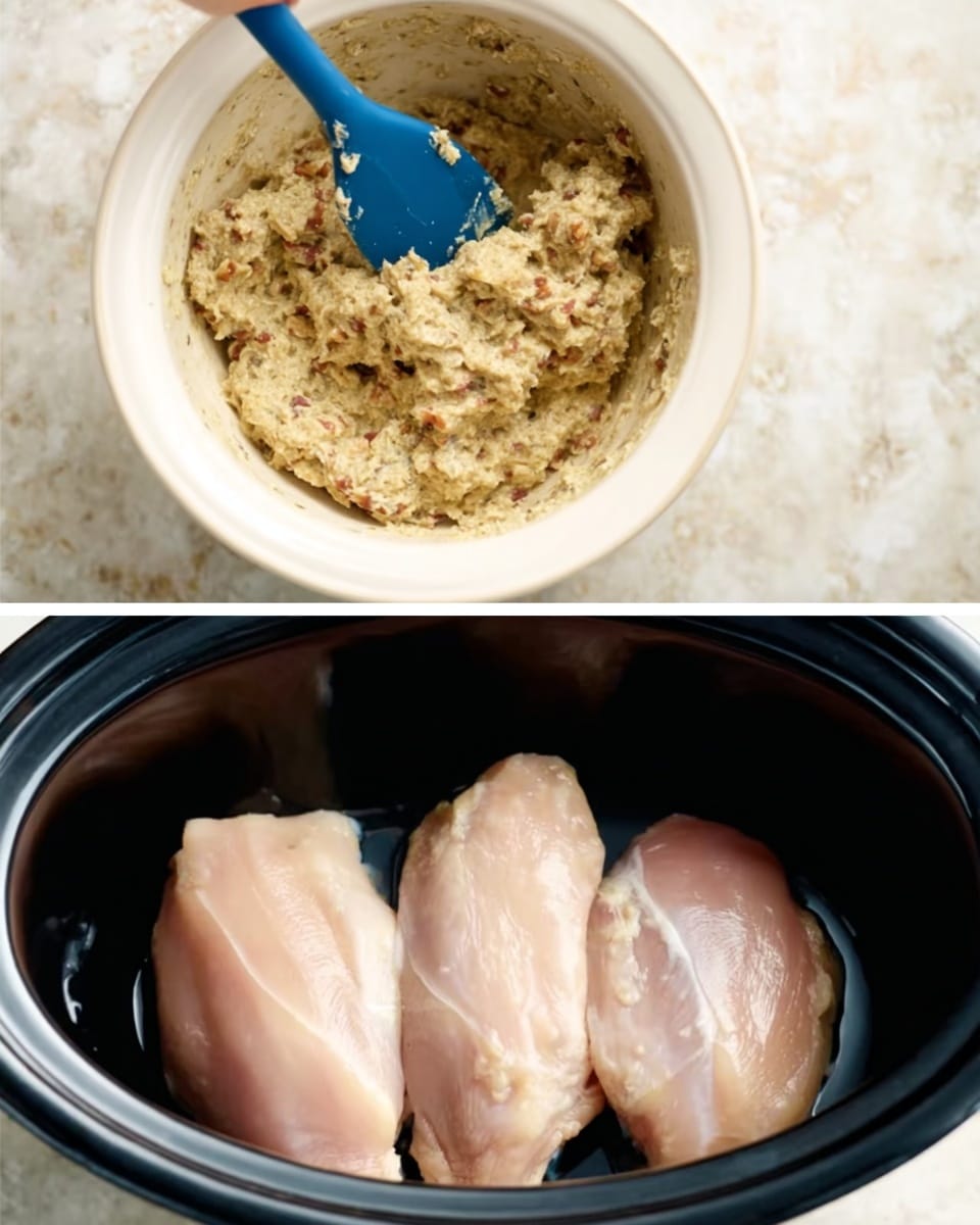 The first image shows a white bowl filled with a thick, chunky mixture that looks creamy with small, brown nut pieces and bits of lighter ingredients throughout, being stirred with a blue spatula held by a woman's hand. The mixture has a textured look with uneven, soft lumps. The second image shows three raw, pinkish pieces of chicken placed side-by-side inside a black slow cooker pot, positioned on a white marbled surface photo taken with an iphone --ar 4:5 --v 7