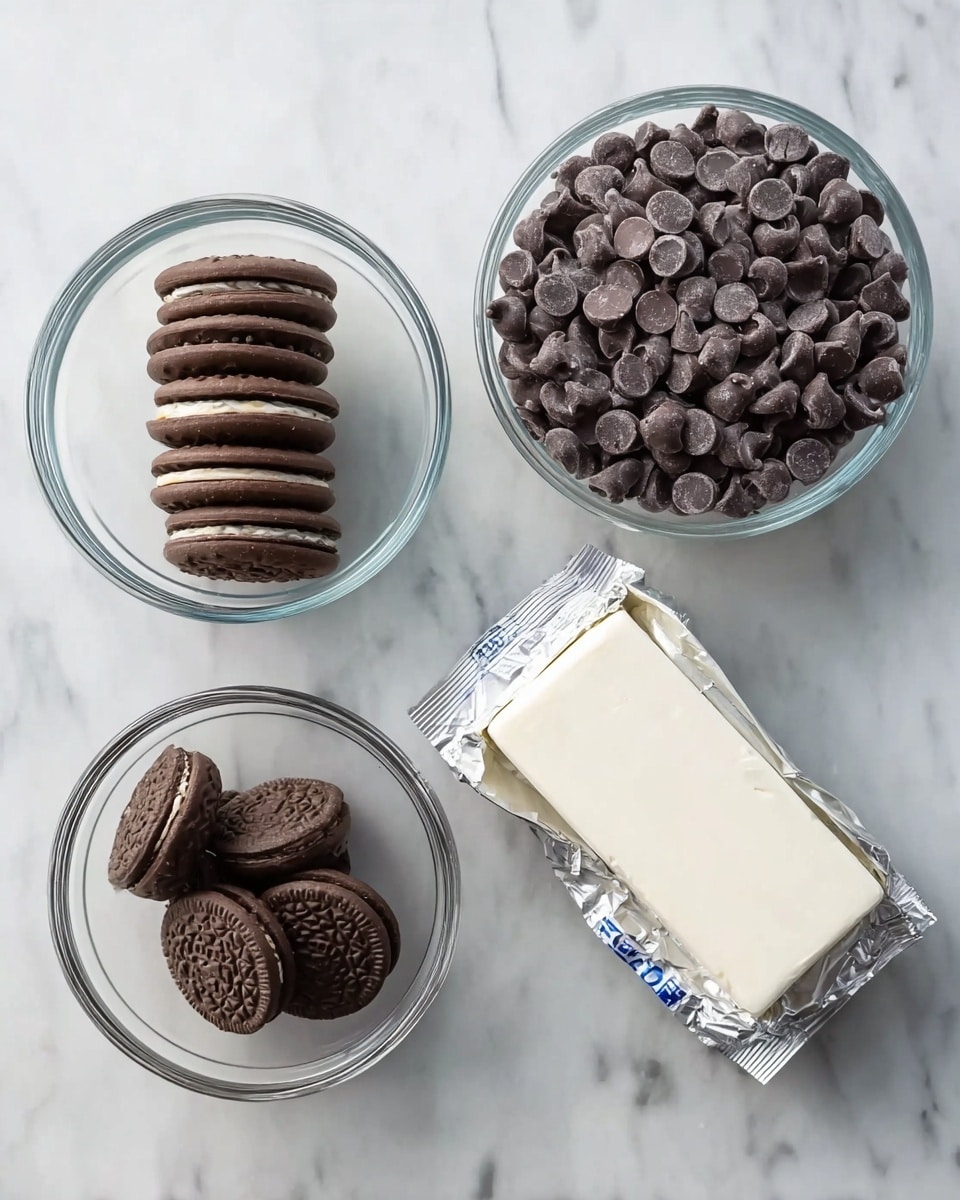 The image shows four items on a white marbled surface: a clear glass bowl filled with many small milk chocolate chips placed at the top right, a white wrapped block of cream cheese at the bottom right, a clear glass bowl with whole sandwich cookies stacked vertically on the left, and a smaller clear glass bowl with broken sandwich cookie halves at the bottom center. photo taken with an iphone --ar 4:5 --v 7