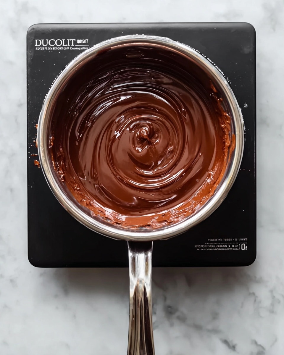 A metal pot filled with smooth, melted dark brown chocolate, swirled gently in the center creating a soft spiral texture. The pot sits on a black induction cooktop with visible white text and a silver handle extending outward to the left. The surface underneath the cooktop is a white marbled texture that adds a clean and bright background to the scene. The melted chocolate looks shiny and rich, with some drips clinging to the inner edges of the pot. photo taken with an iphone --ar 4:5 --v 7