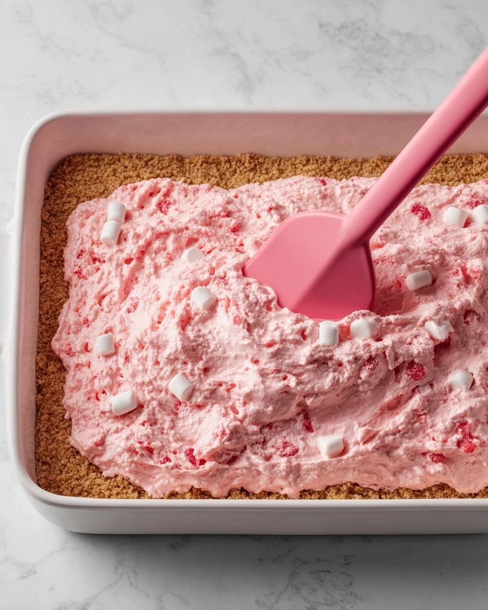 The image shows a white rectangular baking dish filled halfway with a light brown crumb crust that looks firm and even. On top of the crust, there is a thick layer of pink, fluffy mixture with small white marshmallows and bits of red fruit visible throughout. A pink silicone spatula is spreading the pink layer smoothly over the crust from the right side. The background is a white marbled surface. Photo taken with an iphone --ar 4:5 --v 7