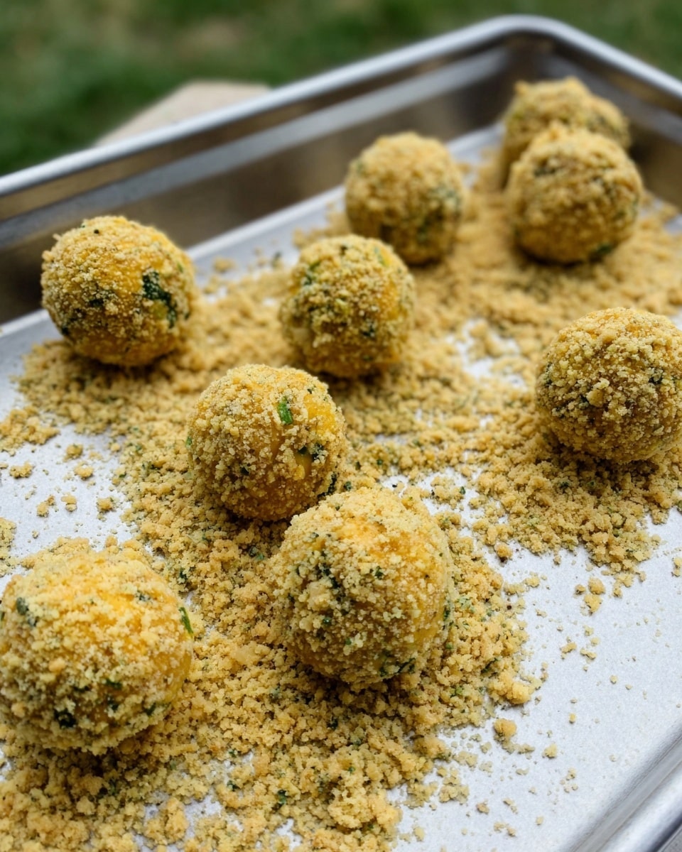 The image shows a metal tray filled with a light golden crumb mixture, with several small round balls rolled in the crumbs sitting on top. The balls are yellow with green flecks visible through the crumb coating, and the crumb texture is rough and grainy, coating the balls evenly. The tray is set against an outdoor green background, but the surface underneath is changed to a white marbled texture. The crumb layer covers the bottom of the tray with some crumbs scattered loosely around the balls, giving a natural, handcrafted feel. photo taken with an iphone --ar 4:5 --v 7