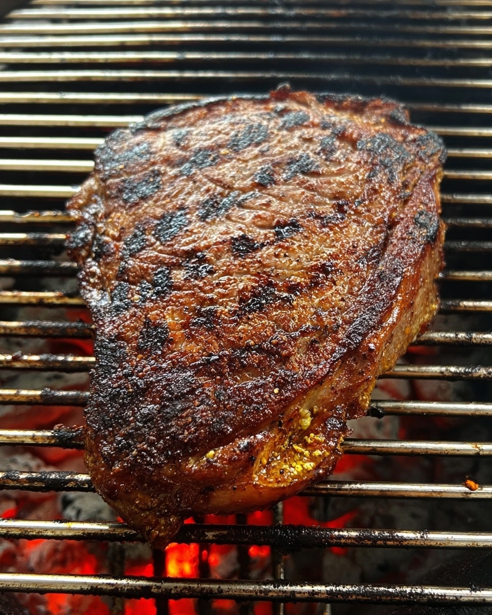 A single grilled steak sits on a metal grill with glowing red and orange charcoal beneath it. The steak has a dark brown, slightly crispy crust with some charred spots and a textured surface showing the grill marks. The edges of the steak are caramelized with a mix of deep brown and golden colors. The background is a white marbled texture. photo taken with an iphone --ar 4:5 --v 7