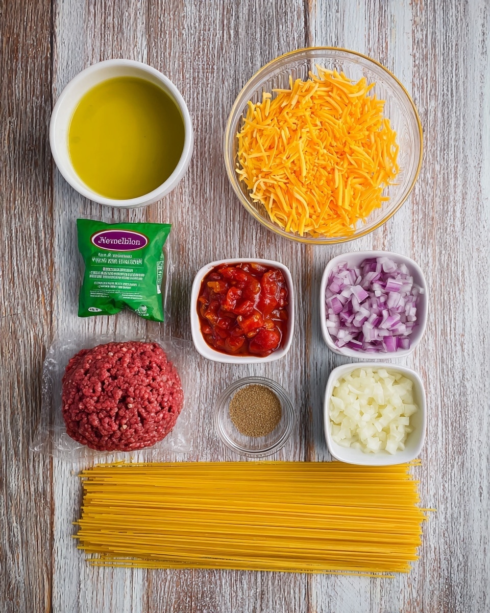 The image shows seven items arranged neatly on a wooden surface with a white marbled texture background. At the top left, there is a small white bowl filled with a yellow olive oil. To its right, there is a clear round bowl full of shredded orange cheese. Below the olive oil, there is another small white bowl containing chunky red tomatoes in sauce. Next to it on the right, there is a square white bowl filled with chopped purple and white onions. Below the onion bowl is a small square white bowl with a pile of finely ground brown spice. At the bottom left, there is a green and clear package of red ground beef. Lastly, at the bottom, a bundle of dry yellow spaghetti noodles is placed horizontally across the image. photo taken with an iphone --ar 4:5 --v 7