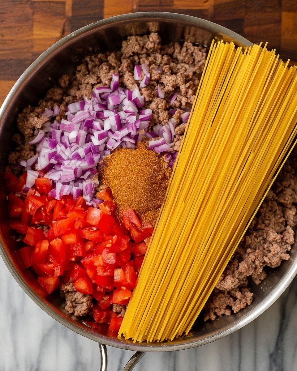 A silver pan filled with three main layers: a base layer of cooked ground meat mixed with chopped purple onions, a bright pile of diced red tomatoes positioned near the center-left, and a neat bundle of uncooked yellow spaghetti strands placed diagonally from the right side towards the middle. A mound of orange-brown seasoning powder rests next to the tomatoes on top of the meat, creating a colorful contrast. The pan is set on a white marbled surface with a wooden texture background barely visible. photo taken with an iphone --ar 4:5 --v 7