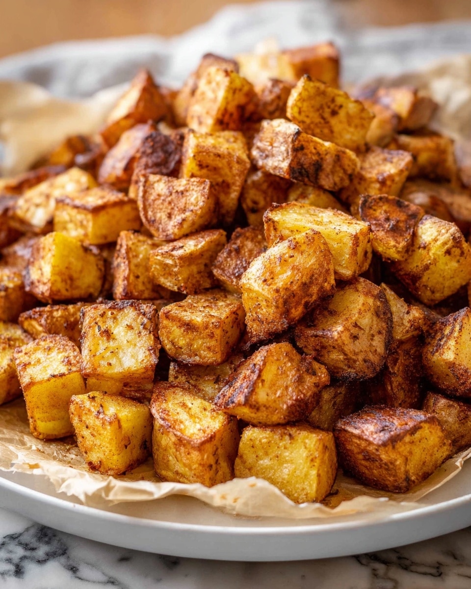 A plate filled with a large pile of golden-brown roasted potato cubes, each piece showing a crispy, textured surface with some darker edges and seasoning visible. The cubes vary slightly in size and have a mix of lighter golden and deeper browned colors, suggesting a well-roasted finish. The potatoes rest on a piece of beige parchment paper that lines the white plate beneath them. The background is a soft white marbled texture. The image feels warm and inviting, with a close-up view focused on the texture and color contrast of the potatoes. photo taken with an iphone --ar 4:5 --v 7