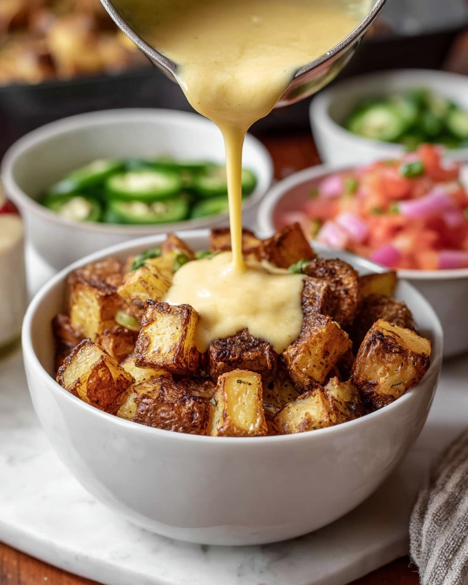 A white bowl filled with browned, crispy potato cubes with rough, crunchy edges sits in the foreground. A creamy, pale yellow sauce is being poured over the potatoes from a small pan, covering the top layer in a thick, smooth flow. In the blurry background, there are bowls and containers holding bright green sliced jalapeños and finely chopped pink tomatoes, all placed on a white marbled surface. The image has a cozy and warm feel with soft lighting, showing textures clearly. Photo taken with an iphone --ar 4:5 --v 7
