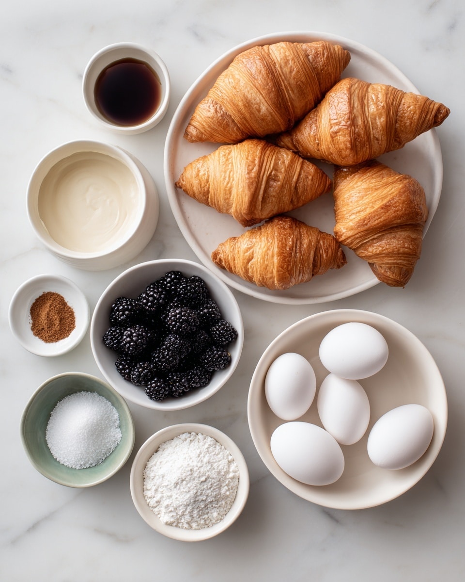 The image shows an overhead view of several white bowls arranged on a white marbled surface. One bowl holds five white eggs in the bottom right corner. Near the center, a bowl contains cream-colored liquid. In the center left, a bowl is filled with five golden-brown croissants, showing flaky texture on top. Above the croissants is a bowl filled with dark blackberries. A small white bowl at the bottom left holds white powder, and a small greenish bowl near the center right contains a small pile of white granules. At the top left, a small bowl holds dark brown liquid. Another tiny white bowl with a pinch of brown powder is placed near the right edge. The overall image has soft lighting and a clean look. Photo taken with an iphone --ar 4:5 --v 7