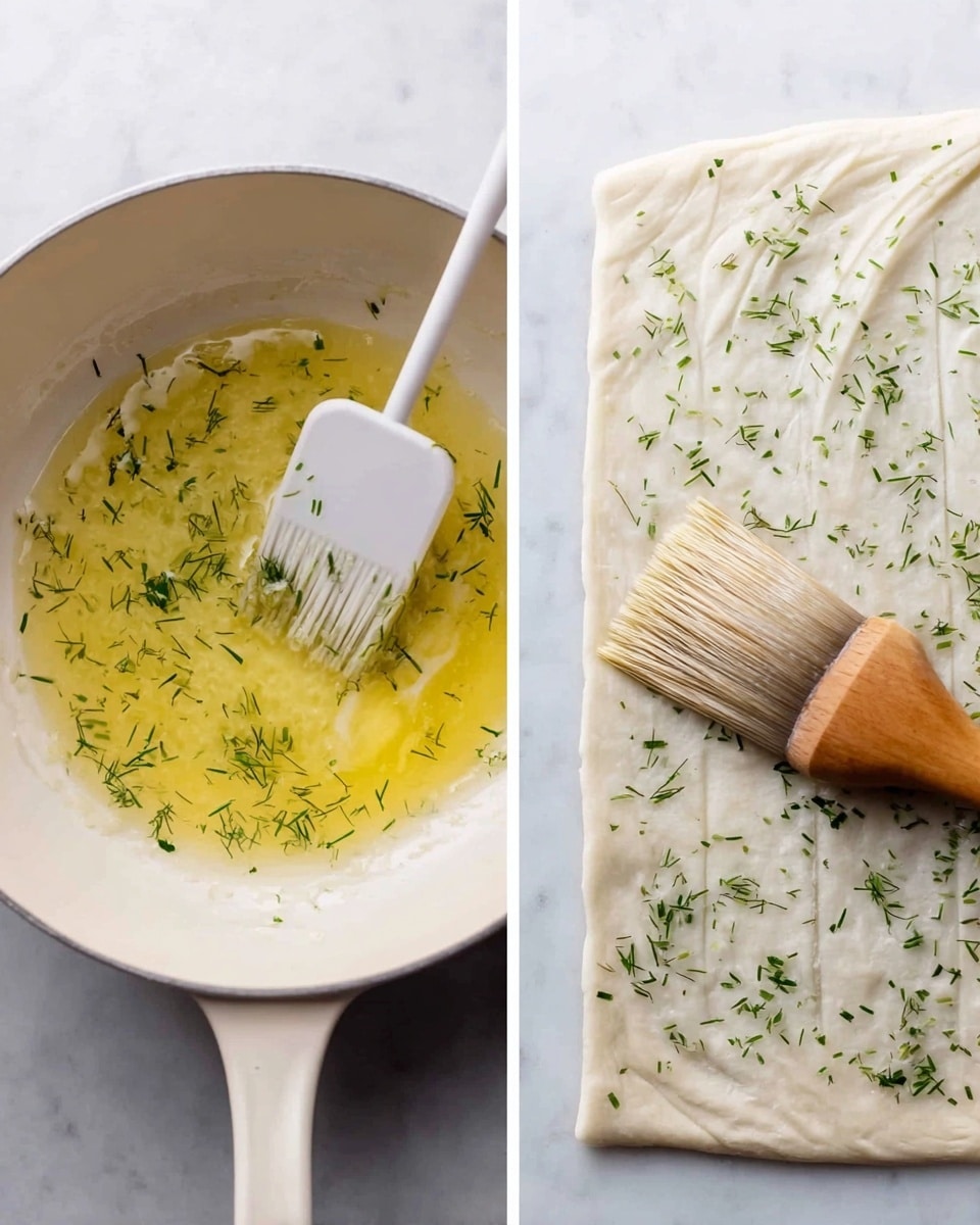 The image shows two side-by-side photos: on the left, a white saucepan containing melted butter mixed with green herbs, and a white spatula resting on the butter mixture; on the right, a white marbled surface with a large sheet of thin dough laid flat, sprinkled with small green herb leaves, and a brown brush with light bristles being used to spread a liquid over the dough. photo taken with an iphone --ar 4:5 --v 7